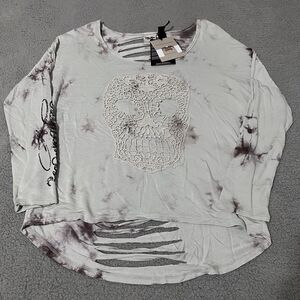 Harley Davidson Motorcycles Skull Blouse Top Women Medium Gray Crochet Biker NEW